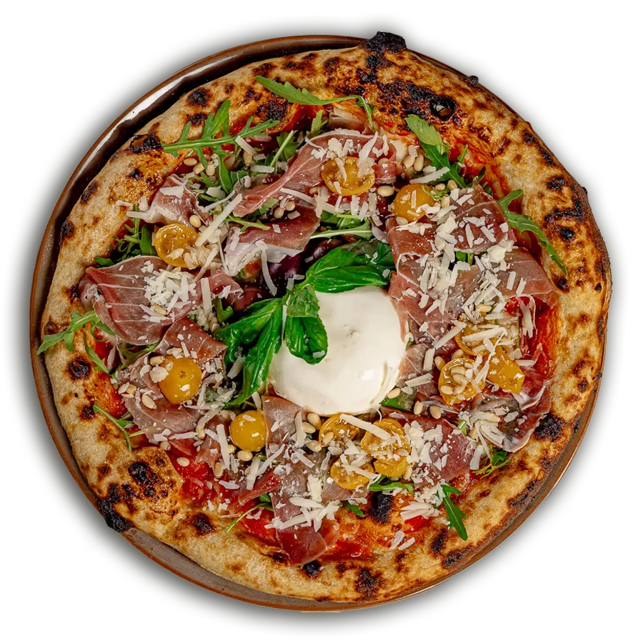 Artisan pizza s pršutom San Daniele, matovilcem, burratom i pinjolima