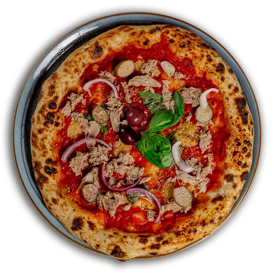 Pizza s cvijetom tune, kaparima, češnjakom i crvenim i žutim datterini rajčicama